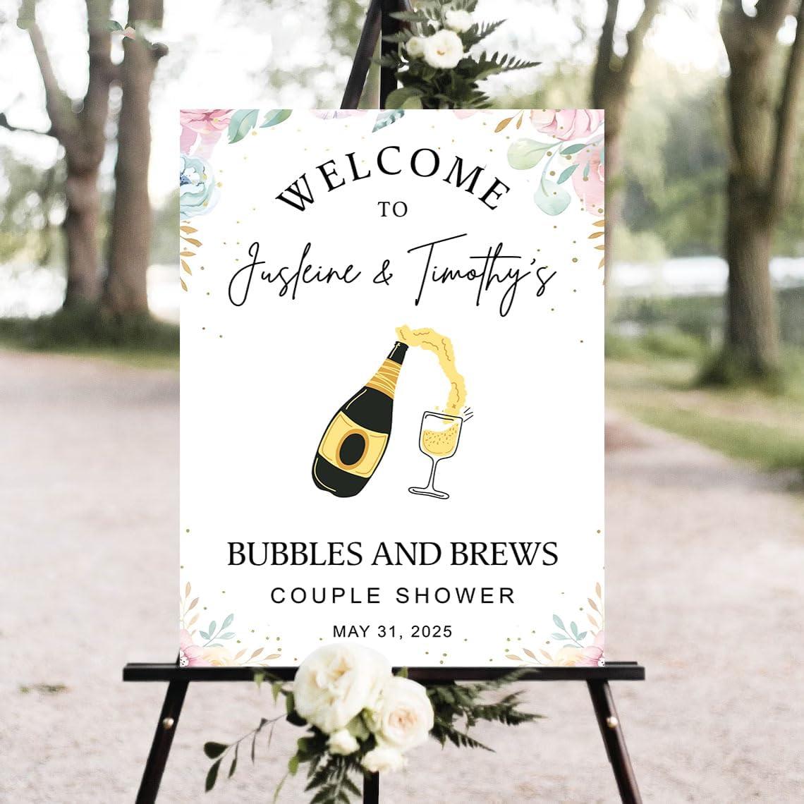 Personalized Greenery Eucalyptus Bubbles and Brews Couples Shower Welcome Sign, Gold Modern Minimalist Wedding Shower Bridal Party Decoration, Outdoor Plastic Sign Weatherproof #13