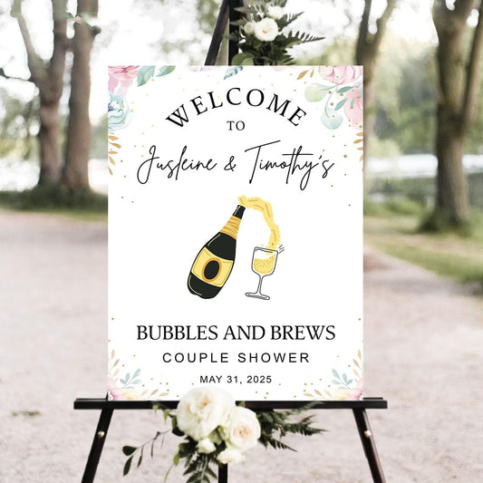 Personalized Greenery Eucalyptus Bubbles and Brews Couples Shower Welcome Sign, Gold Modern Minimalist Wedding Shower Bridal Party Decoration, Outdoor Plastic Sign Weatherproof #13