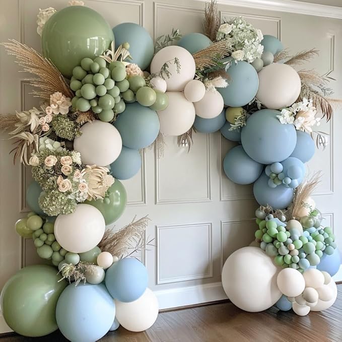 Dusty Blue Green Balloon Garland Arch Kit Double Stuffed Avocado Green Balloons Thick Latex White Sand Pastel Blue Balloons Kit For Jungle Safari Neutral Birthday Baby Shower Party Deocrations