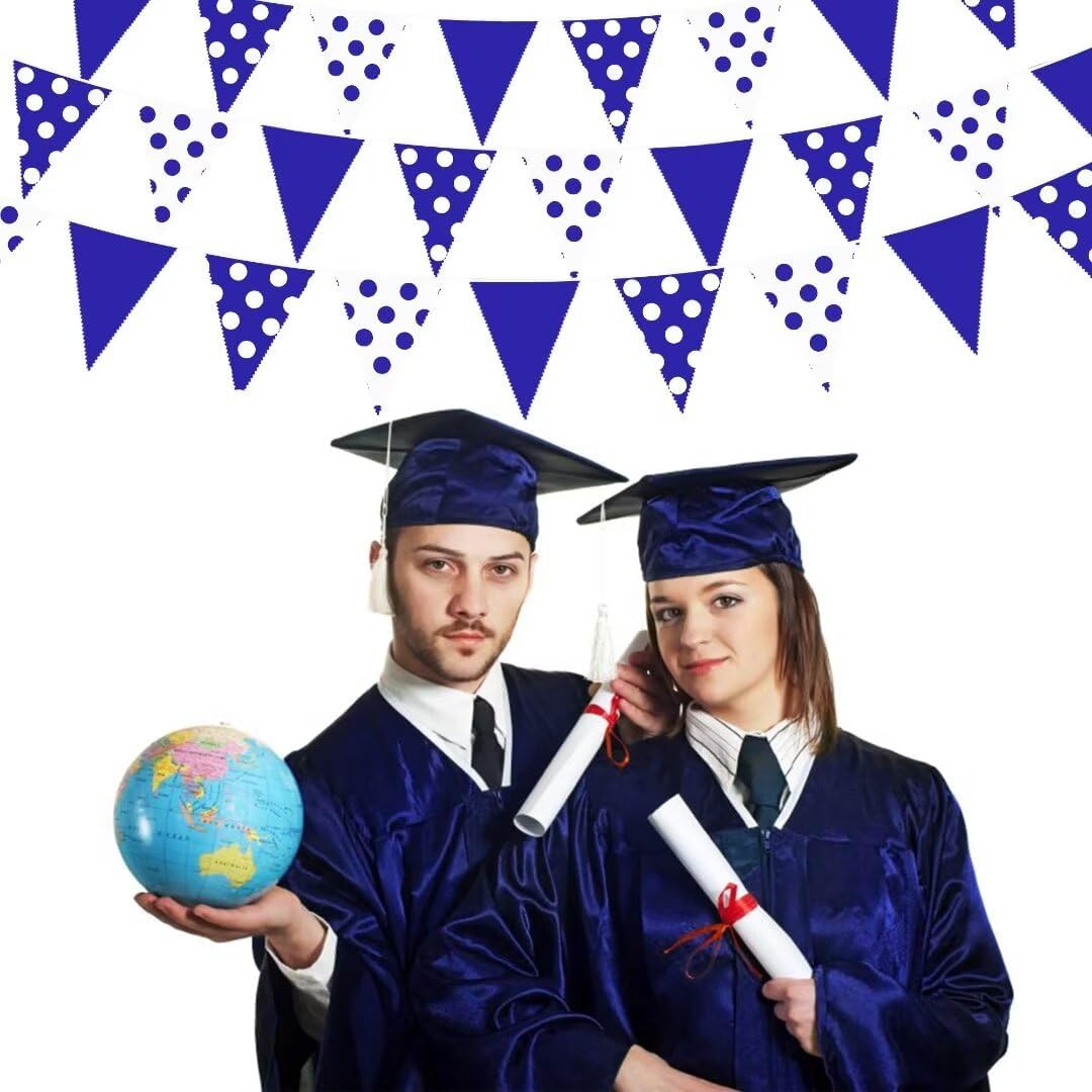 32Ft Royal Blue Party Decorations Blue White Fabric Polka Dot Triangle Banner Flag Pennant Bunting Garland Streamers for Picnic Racing Car BBQ Birthday Baby Shower Outdoor Garden Decor