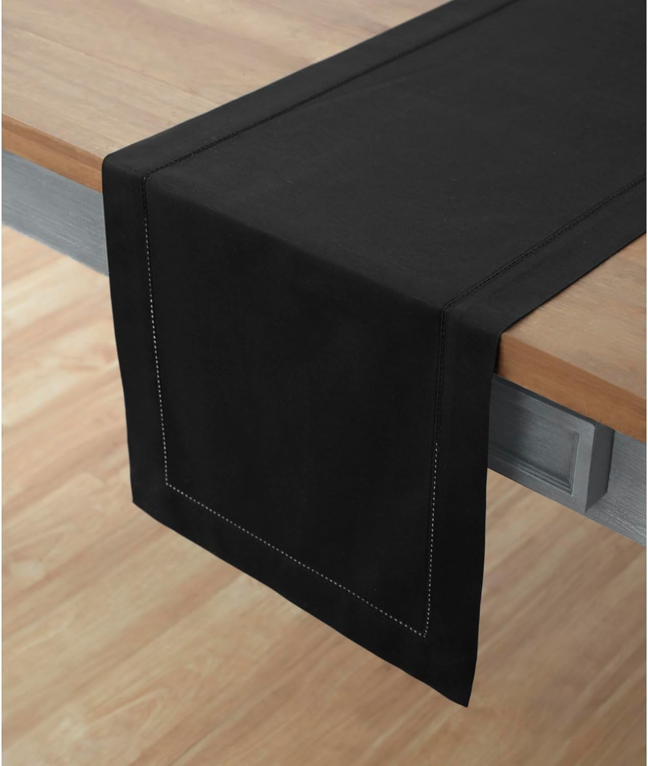 Solino Home Black Hemstitch Table Runner 60 Inches - Cotton Linen Small Table Runner 14 x 60 Inch Ideal for Dresser and Coffee Tables - Fall, Autumn, Halloween, Thanksgiving, Holiday