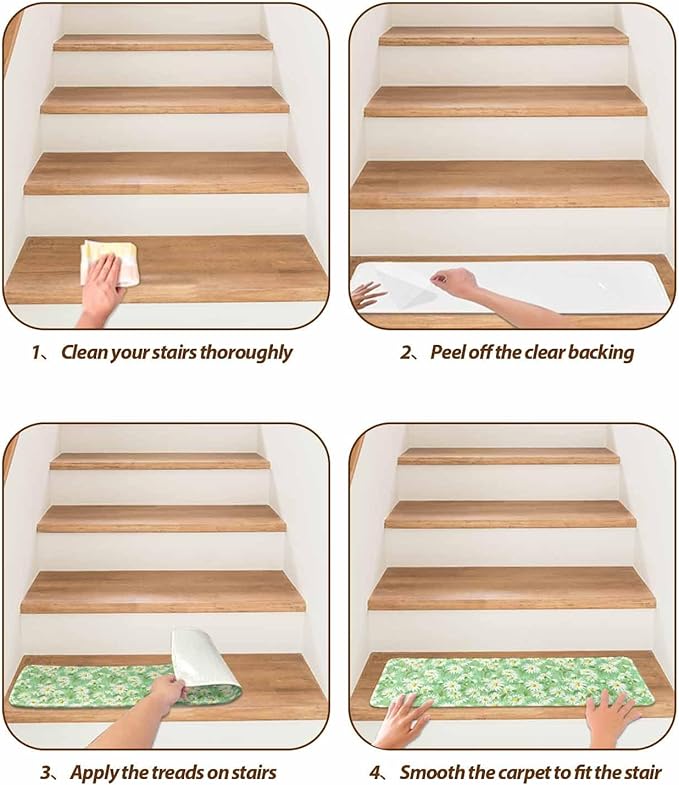 Spring Flowers Stair Treads Non Slip for Wooden Steps Watercolors White Daisy Green Field Botanical Stair Runner Carpet Reusable Adhesive Staircase Rugs for Dogs, Elders and Pets, 8x30 Inch, 4PCS