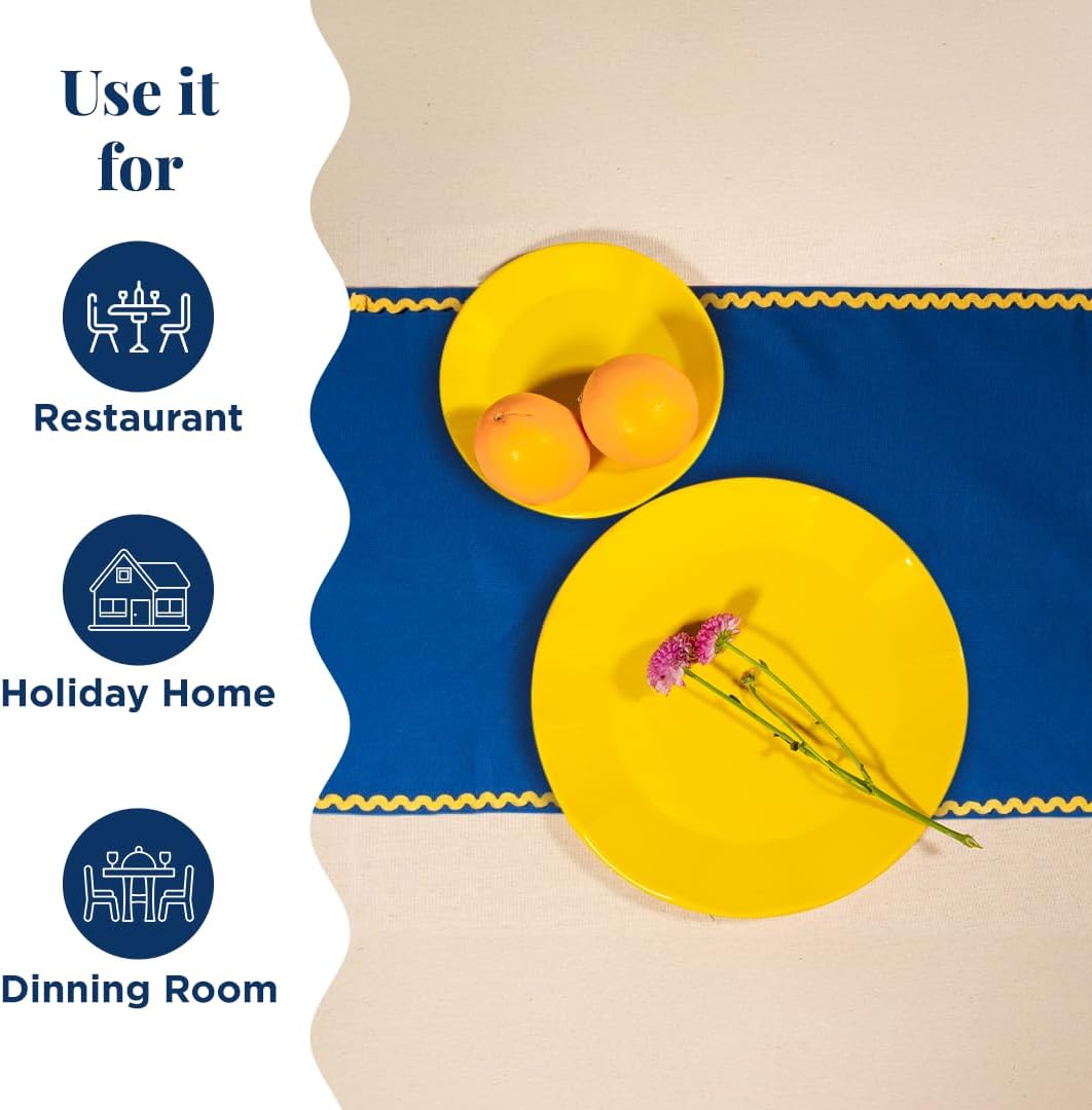 Folkulture Table Runner 90 Inches Long | Rick Rack Embroidered Table Runner | Home Decor | 100% Cotton Long for Christmas Decor | Blue & Yellow | Wash Friendly