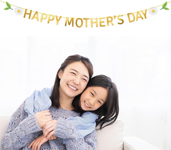 Happy Mother's Day Banner Set Decoration for Mother's Day Party Decorations Backdrop Garland for Mom Glitter Garland Photo Props (Gold Letter White Daisy)
