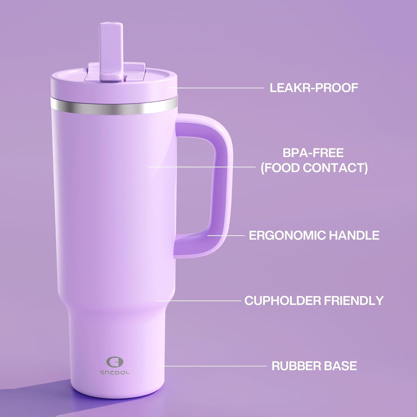 40 oz Tumbler with Handle and Straw: Stainless Steel Insulated Tumbler Keeps Cold for 24 Hours, Leakproof Travel Cup Fits in Cup Holder and BPA-Free, Lavender