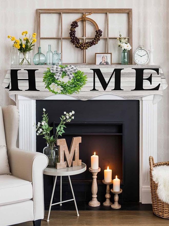 Rustic Fireplace Mantel Scarf Table Runner,Eucalyptus Leaves Green Wreath Wooden Plaid Home Winter Garland Mantel Top Tablerunners Dresser Scarves Cover for Windows Party Living Room 70"x17"