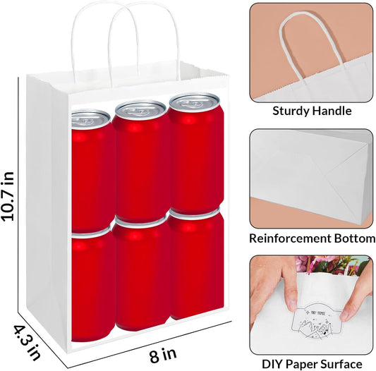 SUNEE Gift Bags with Handles 8x4.3x10.7, 100 Pcs Paper Bags Medium Size Bulk for Gift Wrapping, Retail, Party Favors and Small Business - White