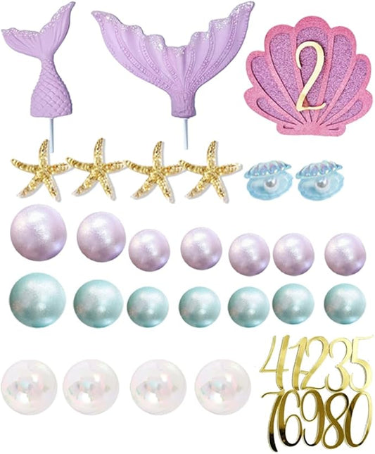 Mermaid Cake Topper Personalized Seashells Cake Topper with Children Age for Mermaid Under The Sea Theme Cake
