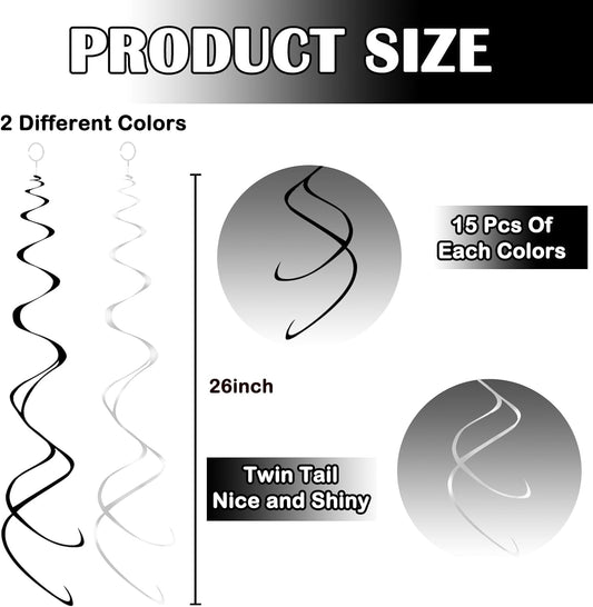 30pc Hanging Swirl Decorations Black and Silver Party Streamers for Ceiling 24" Swirl Spiral Decorations