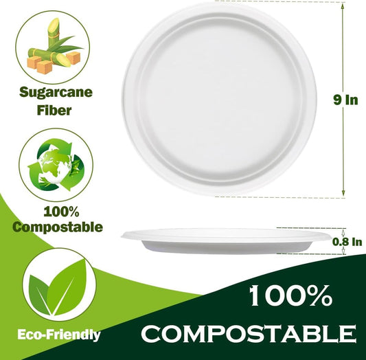 9 inch Plates Disposable Heavy Duty 150 Pack Leak Proof 100% Compostable Dinnerware Round White Paper Dishes Bagasse Made for Dessert, Parties, Wedding and BBQ (9 Inch)