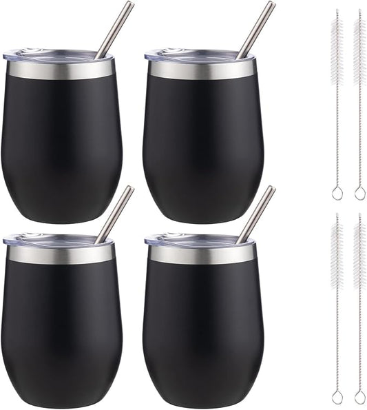 12 oz Insulated Wine Tumbler with Lid and Straw,Stainless Steel Stemless Wine Tumbler Glasses Double Wall Vacuum Wine Cups Tumbler Bulk for Coffee,Champaign,Cocktail,Office(Black,4)
