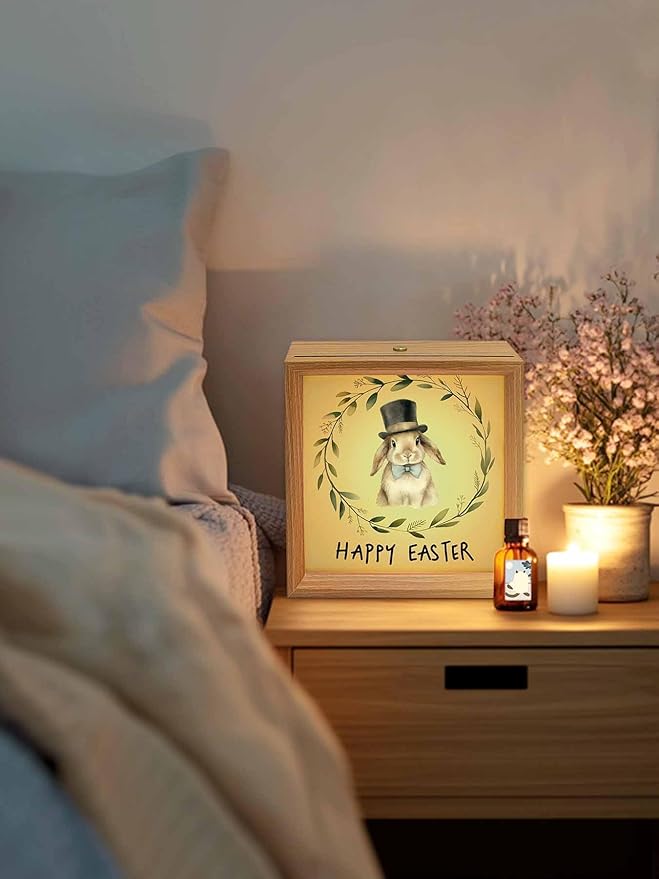 Happy Easter Bunny Garland Wooden LED Night Light USB Rechargeable Dimmable Touch Table Light for Home Decor Pastoral Eucalyptus Leaf Wood Picture Frame Box,6.5X6.5IN