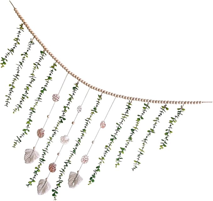 Wooden Bead Wall Garland Artificial Eucalyptus Leaves Rustic Home Decor for Bedroom and Weddings 1 Piece