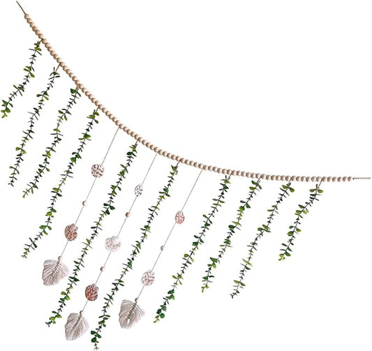 Wooden Bead Wall Garland Artificial Eucalyptus Leaves Rustic Home Decor for Bedroom and Weddings 1 Piece