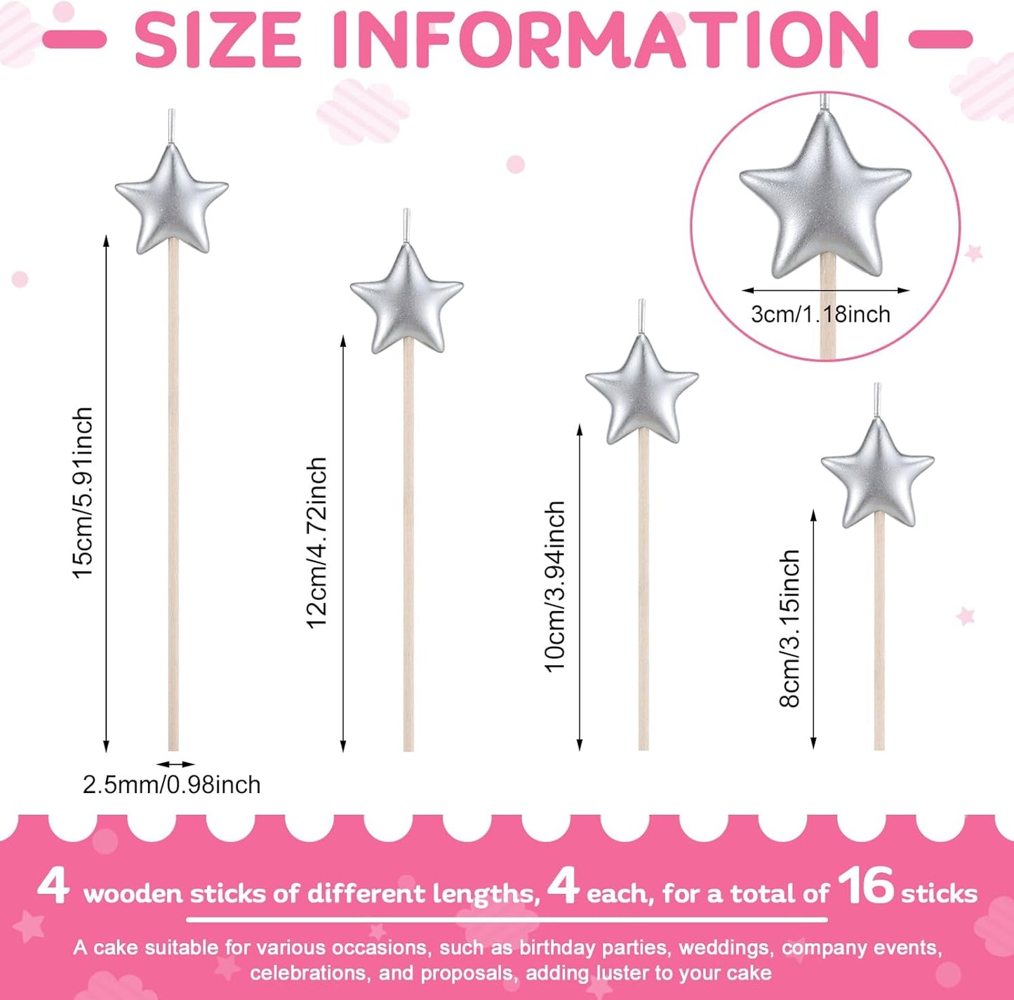 16 Pack Star Candles for Cake Birthday Star Shaped Sparkler Candles Stereo Cake Topper Decorations for Birthday Party Supplies(Silver)