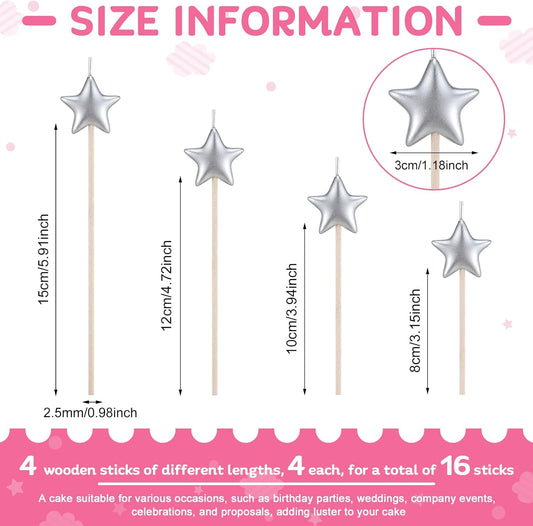 16 Pack Star Candles for Cake Birthday Star Shaped Sparkler Candles Stereo Cake Topper Decorations for Birthday Party Supplies(Silver)