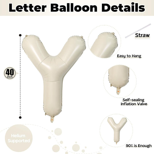 40 Inch Beige BOY Balloons, Large Cream White Sand BOY Balloon Letters with Ribbon, Ivory Alphabet Boy Balloon for Him Birthday Baby Boys Shower Boy or Girl Gender Reveal Party Decorations Supplies