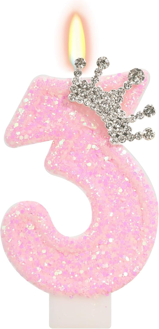Birthday Candle for Cake, Crown Pink Number Candles, 2.76 inch Cake Topper Decoration for Birthday Party (Number 3)
