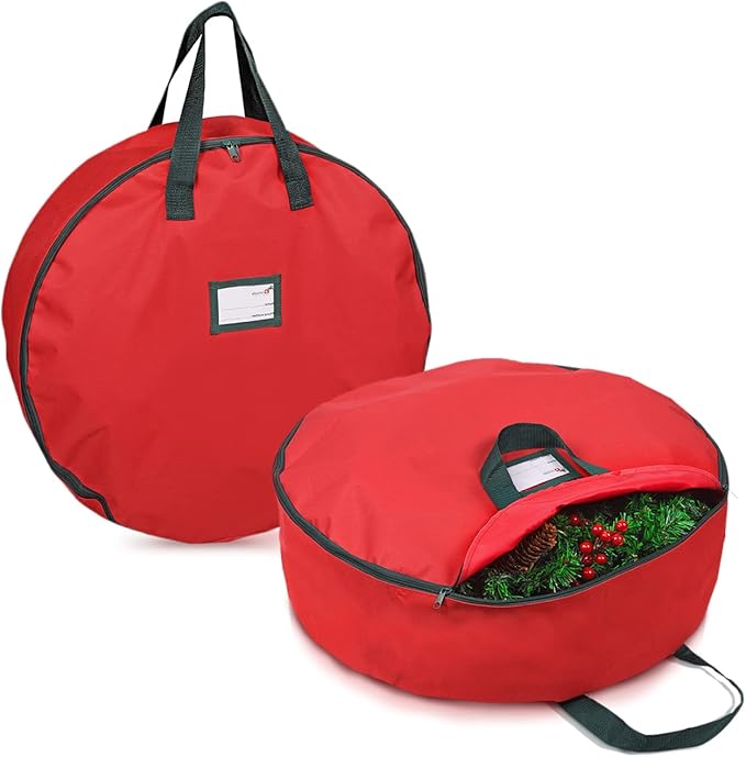 Primode Christmas Wreath Storage Bag 36" - 2 Pack Artificial Wreath Container - Garland Holiday Xmas Wreaths Holder - Sturdy Handles - Inner Straps - Card Slot Dual Zipper Strong Oxford (36 Inch, Red)