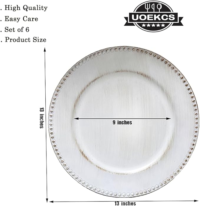 White Charger Plates with Beaded Rim, 13" Vintage Round Charger for Dinner Plates, Set of 6 Plastic Plate Chargers for Wedding Table Setting,Party Decoration.