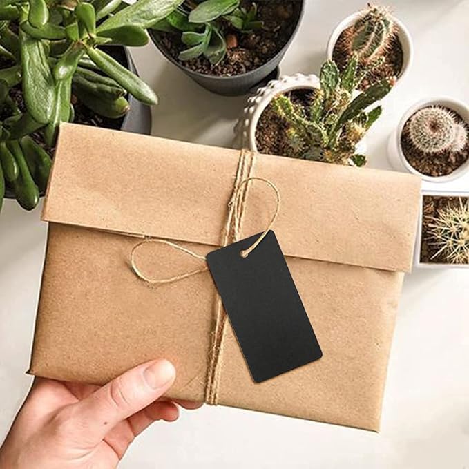 G2PLUS Black Gift Tags with String, 100PCS Blank Paper Hang Tags, 3.5x1.7 in Black Paper Tag, Rectangle Label for Gift Wrapping, DIY Arts & Crafts, Graduation, Halloween Party Favors