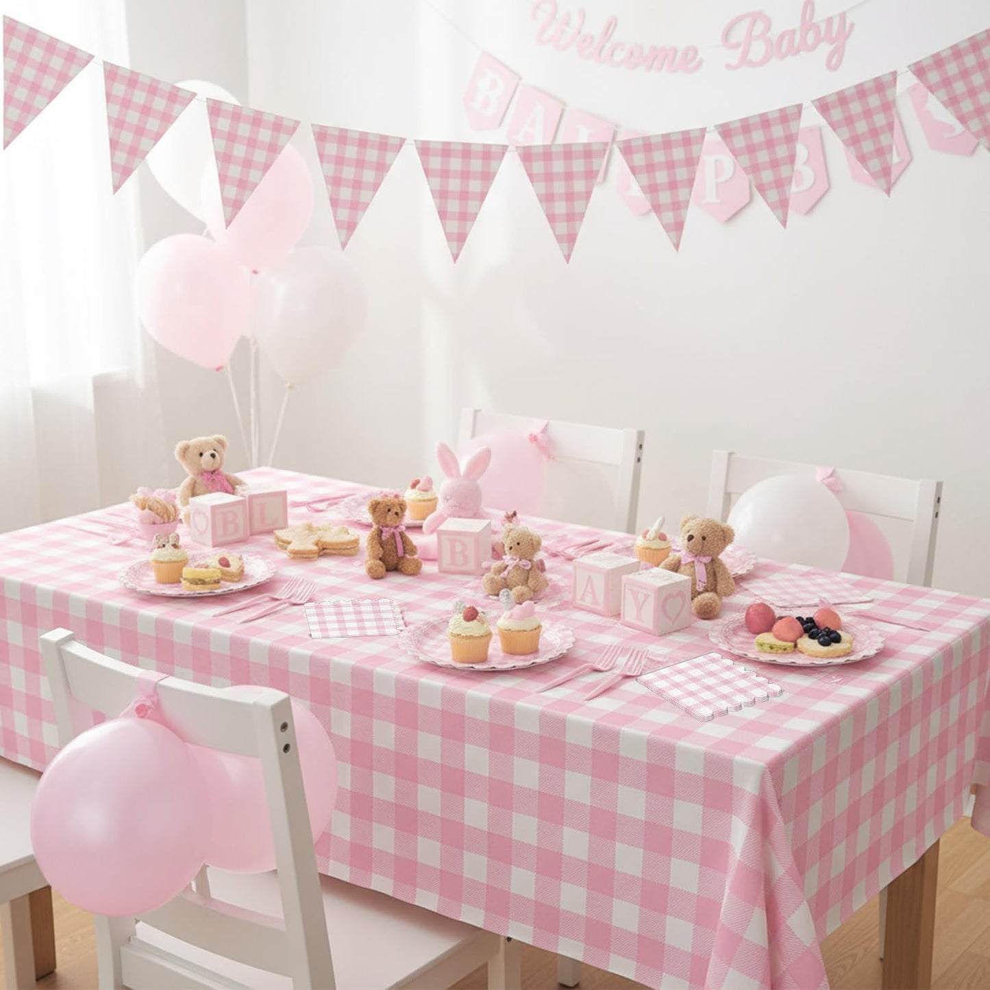 102 PCS Pink Gingham Party Supplies - Scalloped Plates, Napkins, Cups, Forks, Banner, Gingham Tablecloth for Baby Shower, Birthday, Pink Party Decorations, Serves 25