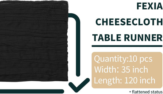 FEXIA 10 Pack Black Table Runner 35x120 Inches Gauze Rustic Gothic Farmhouse Decor for Halloween Thanksgiving Funeral First Communion Centerpiece Table Decorations (Black)