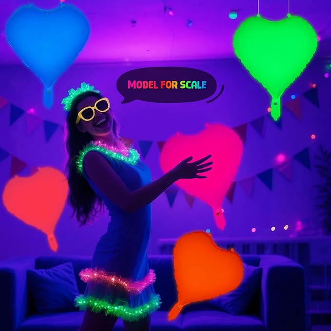 Mega-L Glow in the Dark Party Supplies, 5 Pcs Neon Heart Balloons Set – Fluorescent Red, Lemon Yellow, Fuchsia, Blue and Orange Balloons Perfect for Birthday, Wedding, Anniversary, Carnival
