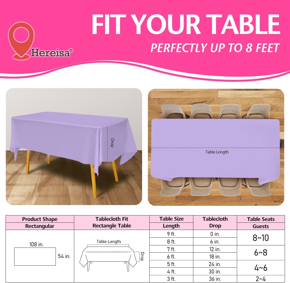 Disposable Plastic Tablecloth Lavender 54x108 Inch, 5-Pack Waterproof Rectangular Table Cover for Parties, Picnics, Dining Protection
