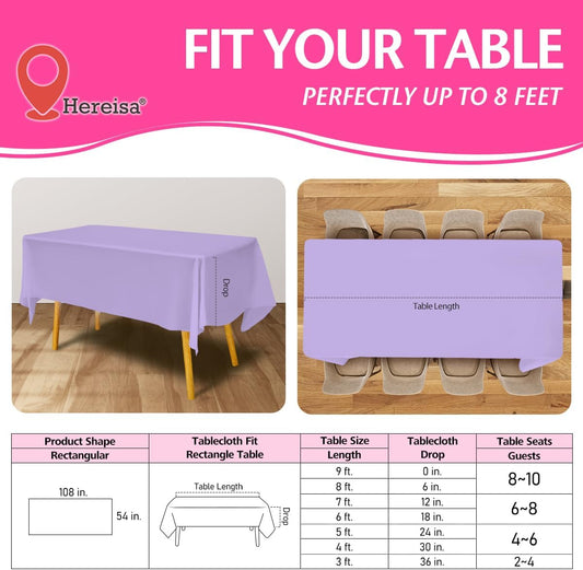 Disposable Plastic Tablecloth Lavender 54x108 Inch, 5-Pack Waterproof Rectangular Table Cover for Parties, Picnics, Dining Protection