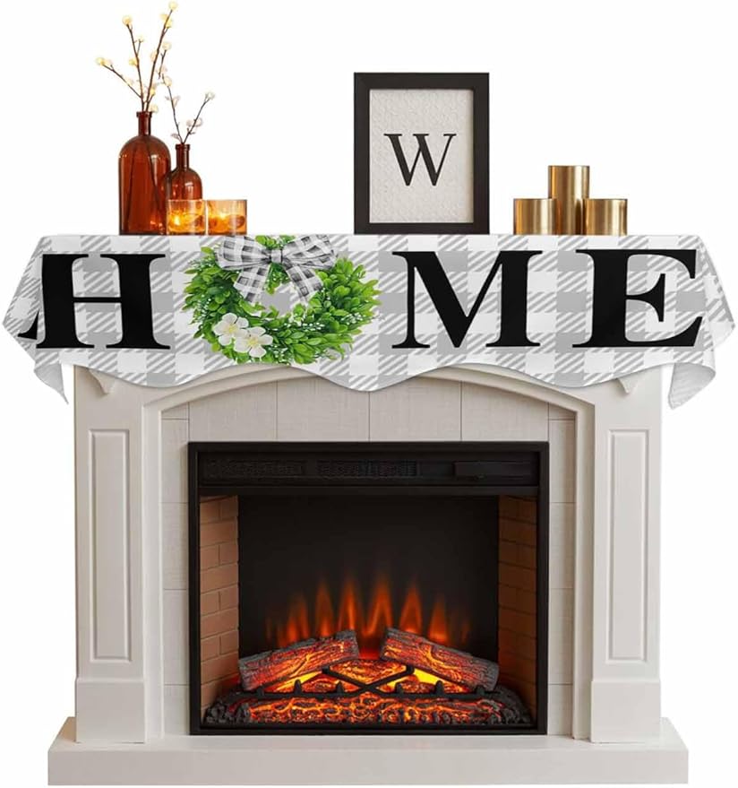 Rustic Home Fireplace Mantel Scarf Table Runner,Green Eucalyptus Leaves Wreath Wooden Plaid Winter Garland Mantel Top Tablerunners Dresser Scarves Cover for Windows Party Living Room 90"x17"
