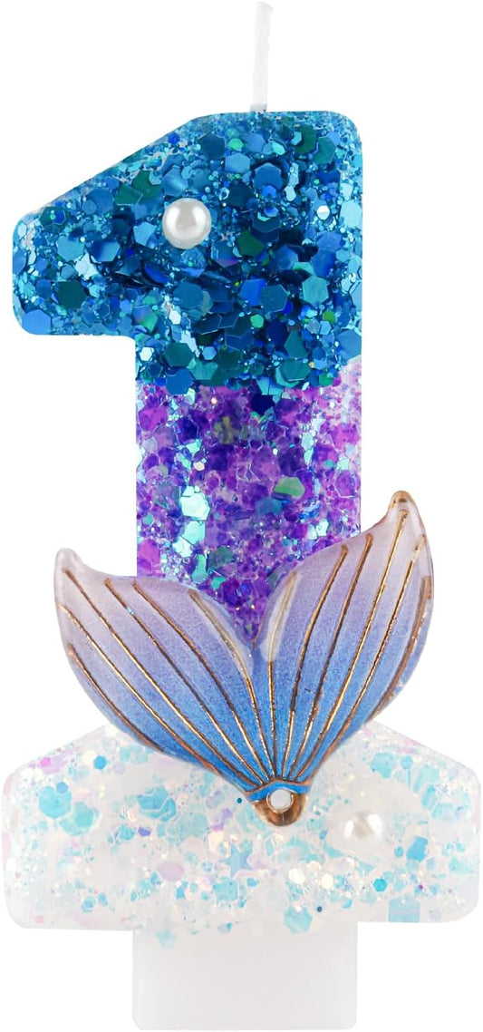 Sparkler 1 Birthday Number Candles,Blue Purple Pearls Mermaid Tail Number Birthday Candles for Girls First Birthday Cakes Mermaid Themed Birthday Decorations Party Favors Number 1 Candle Cake Topper