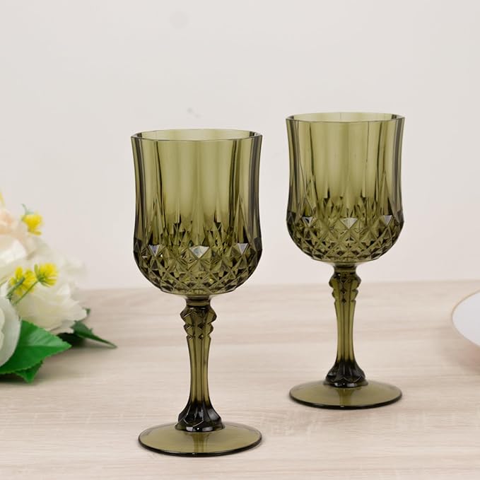 Efavormart 6-Pack Plastic Wine Glasses 8oz, Dusty Sage Green - Crystal Cut Shatterproof Cocktail Goblets Drinking Glasses