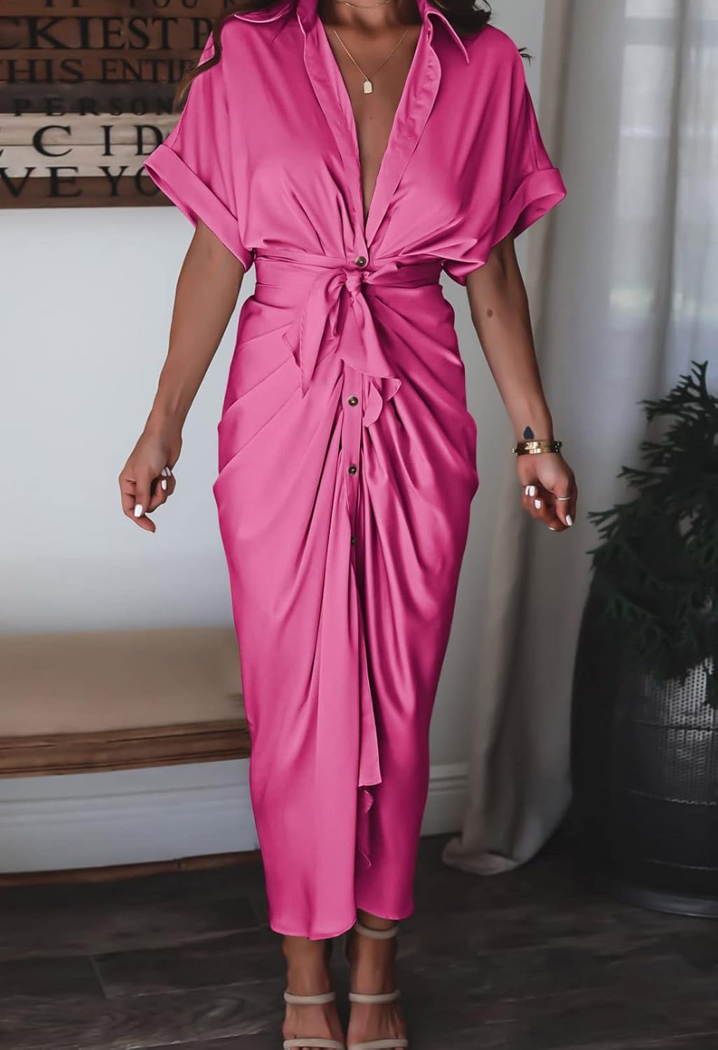 Women Elegant Satin Button Down Short Sleeve Maxi Shirt Dress with Belt