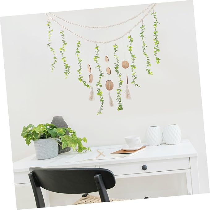 Hanging Photo Display Wooden Beads and Eucalyptus Leaves Stylish Wall Decor for Bedroom and Living Room Easy to Install Picture Holder Garland for Home Decoration