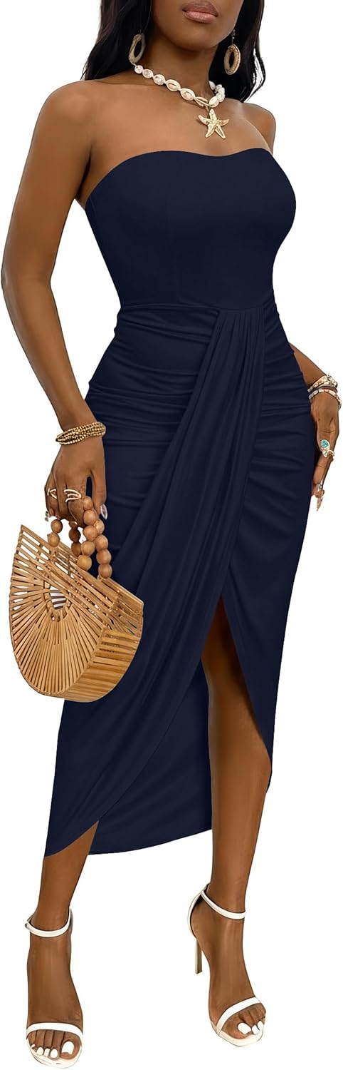 Umenlele Women's Strapless Ruched High Waist Wrap Split Asymmetrical Beach Maxi Long Dress