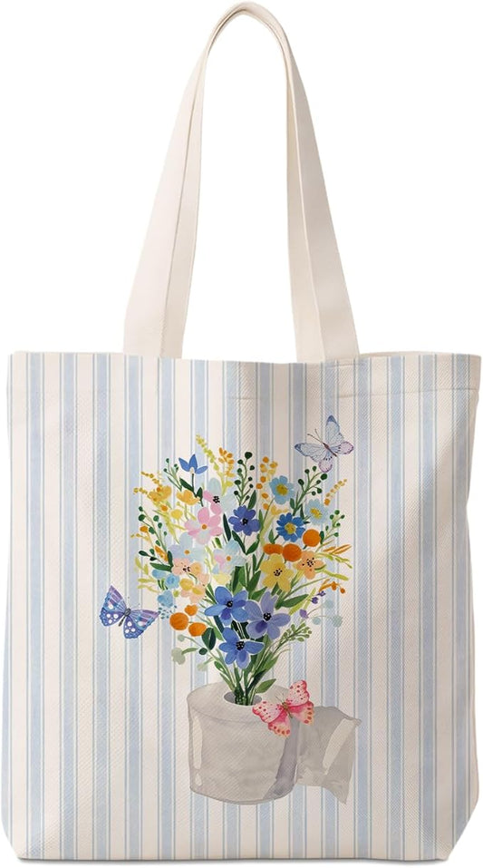 Blue Preppy Floral Aesthetic Tote Bag for Women,Printed Canvas Tote Bag for Girls,Blue Striped Watercolour Aesthetic Reusable Shopping Grocery Bags Party Favors