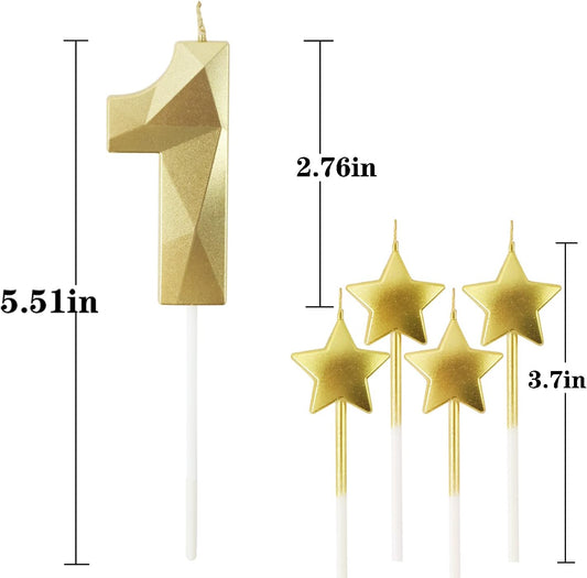 Golden Number 1 2.76 inch 3D Diamond Shaped Birthday Candles - Suitable for Birthday Parties and Anniversary Cake Decorations