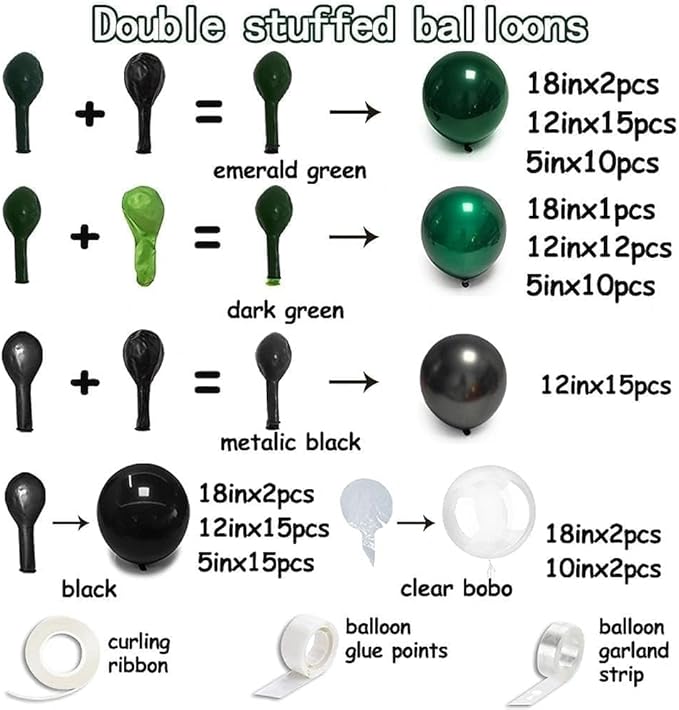 Black Green Balloon Garland Double Stuffed Dark Emerald Green Balloons Clear Bobo Metallic Black Balloon Arch Kit for Christmas New Year Birthday Bridal Shower Graduation Party Decorations