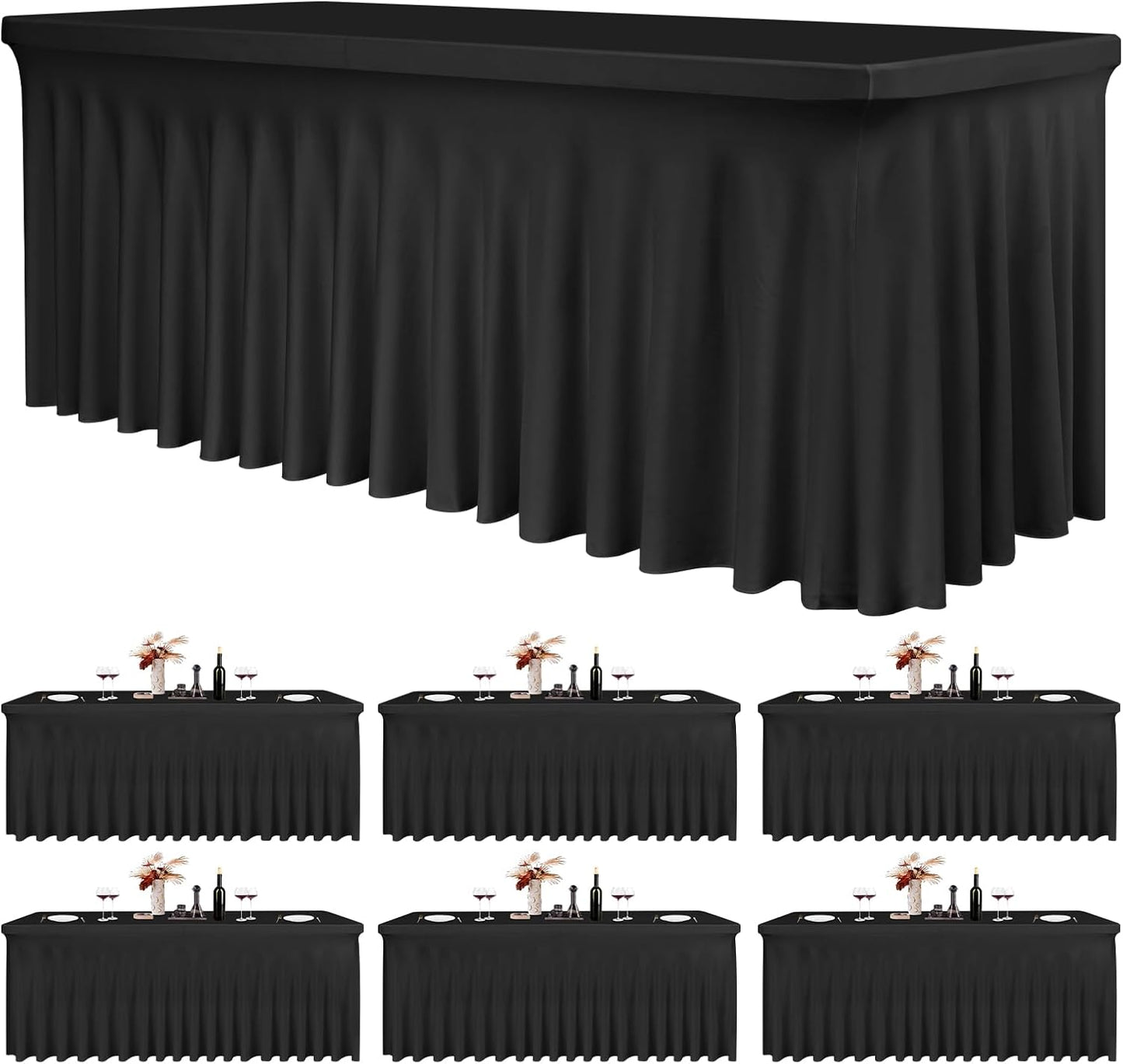 6 Pack 6Ft Spandex Table Skirts Fitted Black Stretch Tablecloth, One-Piece Wrinkle-Resistant Ruffles Design Table Cover and Skirt for Wedding Party Banquet Event Trade Show