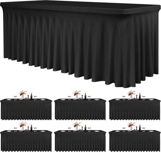 6 Pack 6Ft Spandex Table Skirts Fitted Black Stretch Tablecloth, One-Piece Wrinkle-Resistant Ruffles Design Table Cover and Skirt for Wedding Party Banquet Event Trade Show