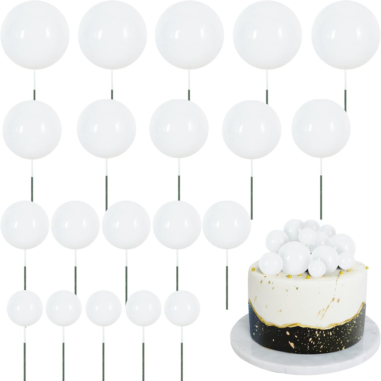 BEISHIDA 20 PCS Whie Mini Ball Cake Toppers Foam Cake Balls Decoration Supplies for Happy Birthday Anniversary Wedding Baby Shower Graduation Christmas Cake Decorations