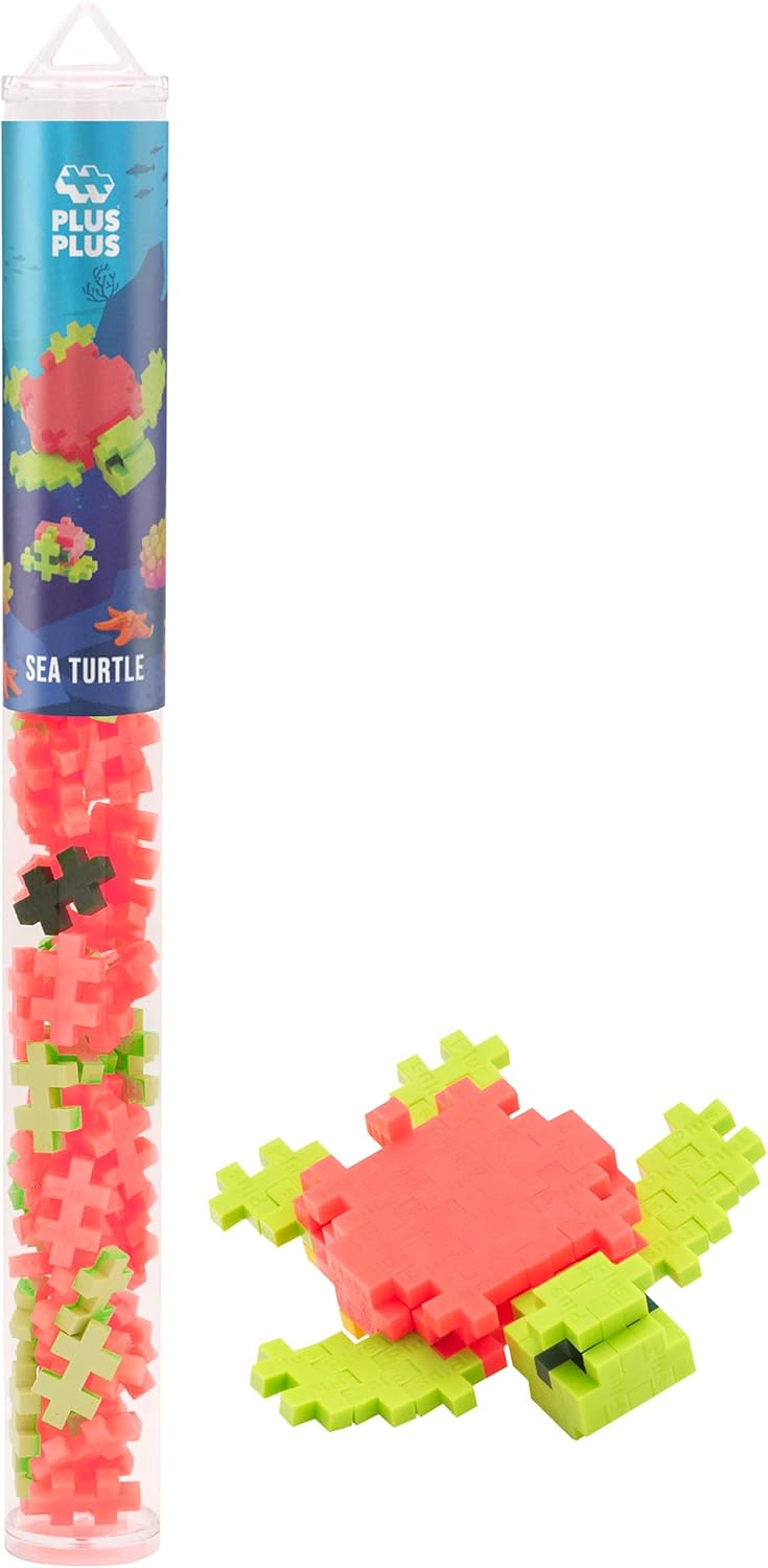 PLUS PLUS 3D Animal Figure Building Block Set, 70 Mini Interlocking Puzzle Pieces, Fun Stem Toys for Kids - Sea Turtle Maker Tube
