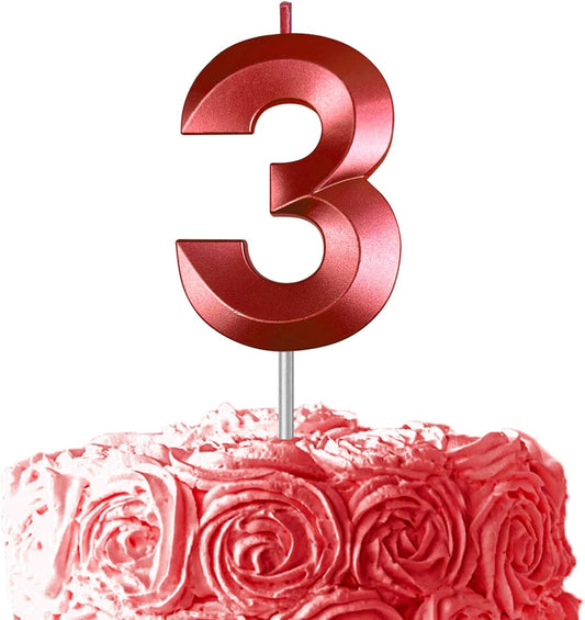 Red Number 3 Candles, 3D Diamond 2.76 Inch Cake Topper Birthday Candles for Wedding Anniversary Cake Decorations, Happy Birthday Party Decorations