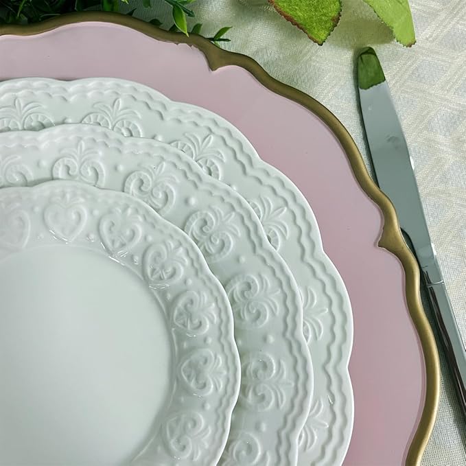 Pink scalloped charger plates with Gold rim, 13" Round Chargers for Dinner Plates, Set of 6 Plastic Plate Chargers for Weddings, Parties, Tabletop Decor.