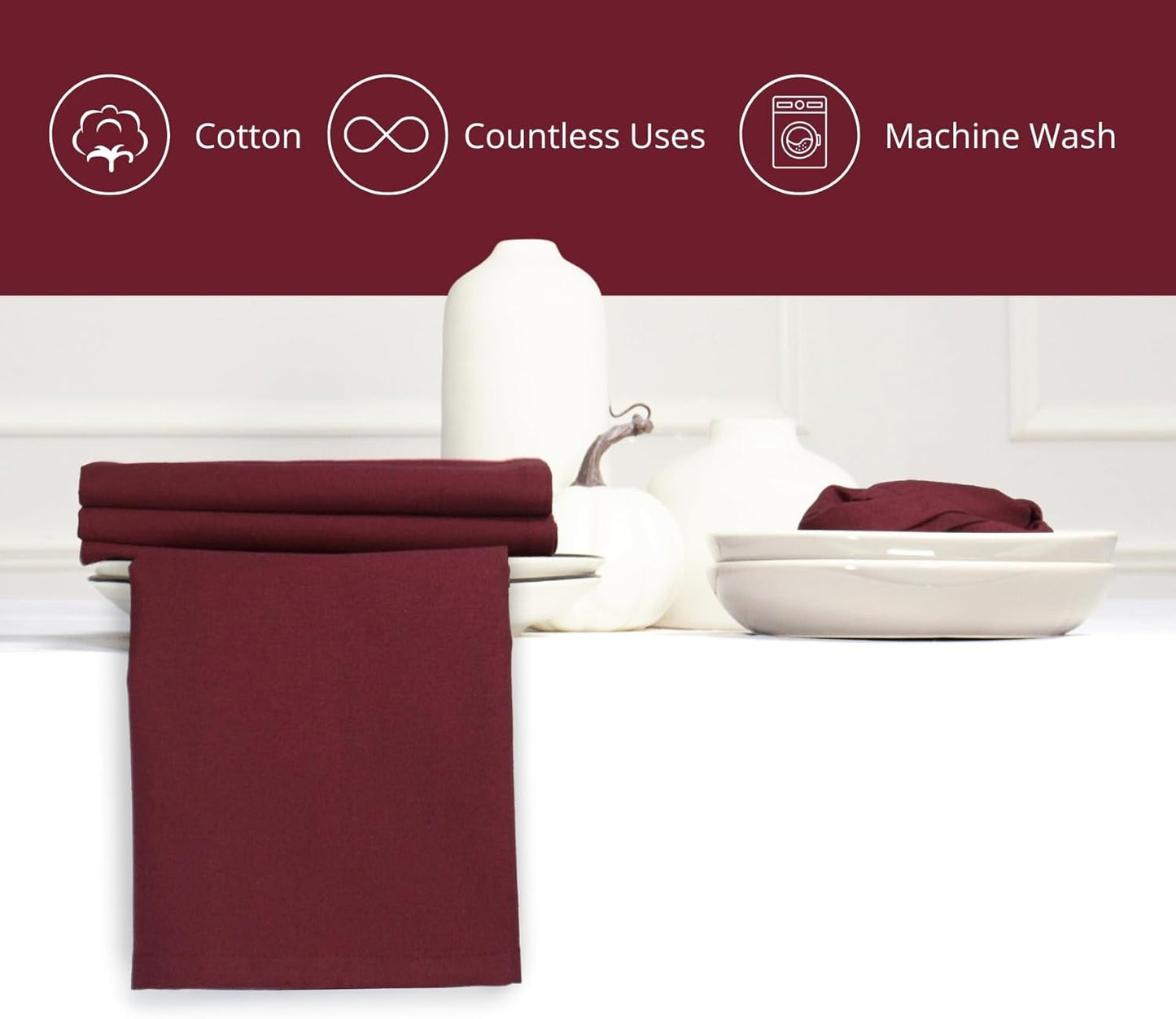 PurpleEssences Set of 12 Cloth Dinner Napkins 100% Cotton 18x18 Inch - Soft Durable Washable - Ideal for Farmhouse Party Fall Thanksgiving - Perfect Everyday Use Table Linen - Burgundy