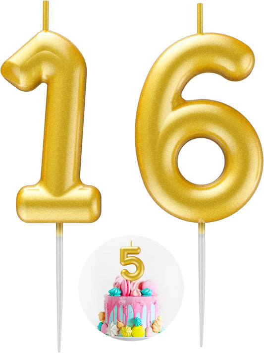Gold Number 16 Candle Happy Birthday 3D Number Candles for Birthday Cake Party Decoration Wedding Anniversary Celebration Supplies