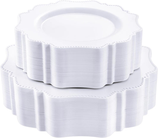 COLOSUS 100 pcs White Plastic Plates Set,Fancy Beaded Plates-European Retro plates include 50 dinner plates and 50 dessert plates,Plastic Disposable plates for Halloween,Thanksgiving,BBQ and Party