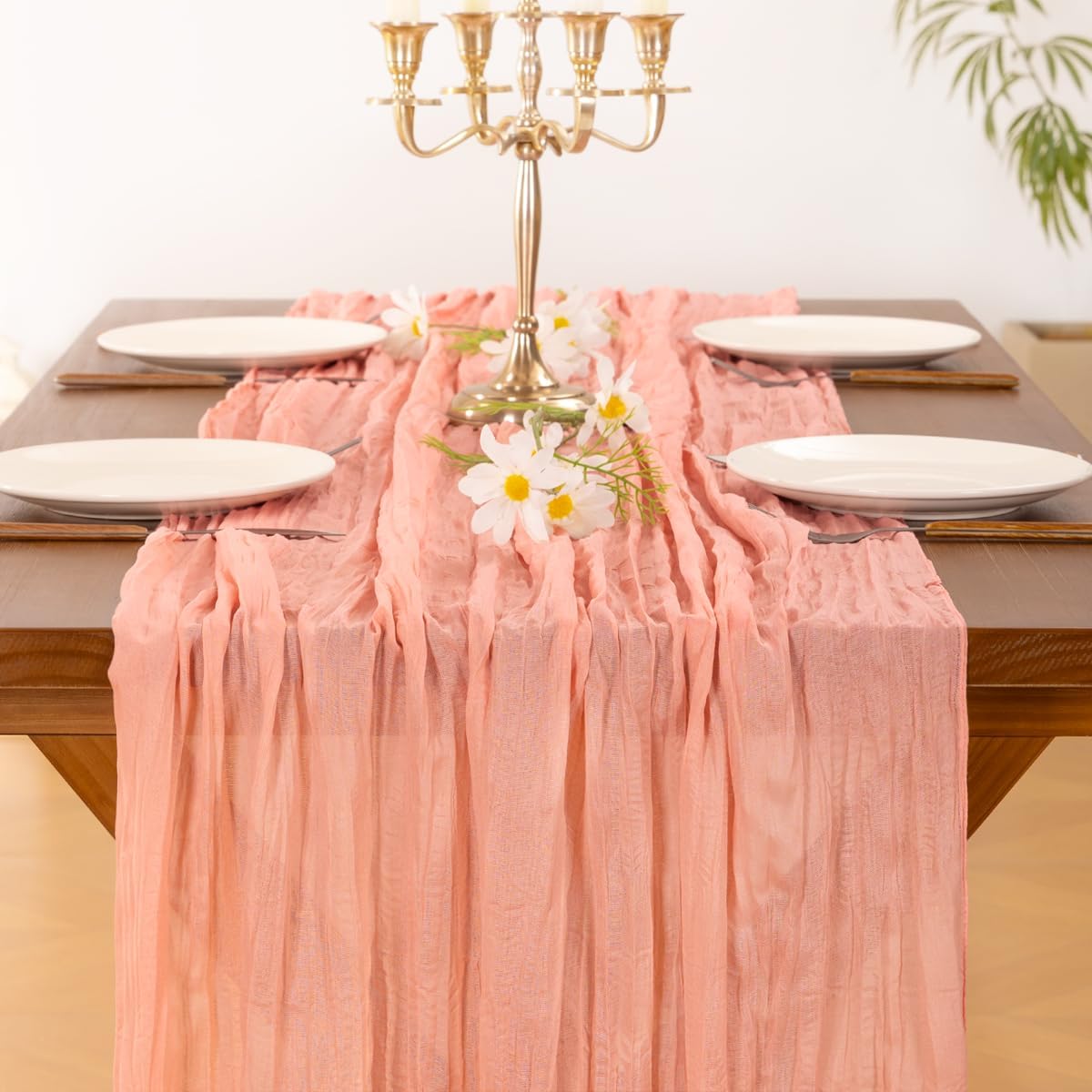 Socomi Coral Peach Fall Thanksgiving Cheesecloth Table Runner Boho Rustic Gauze 120 inch 10FT Cheese Cloth Runner for Wedding Party Baby Shower Birthday Home Decor Holiday Decorations