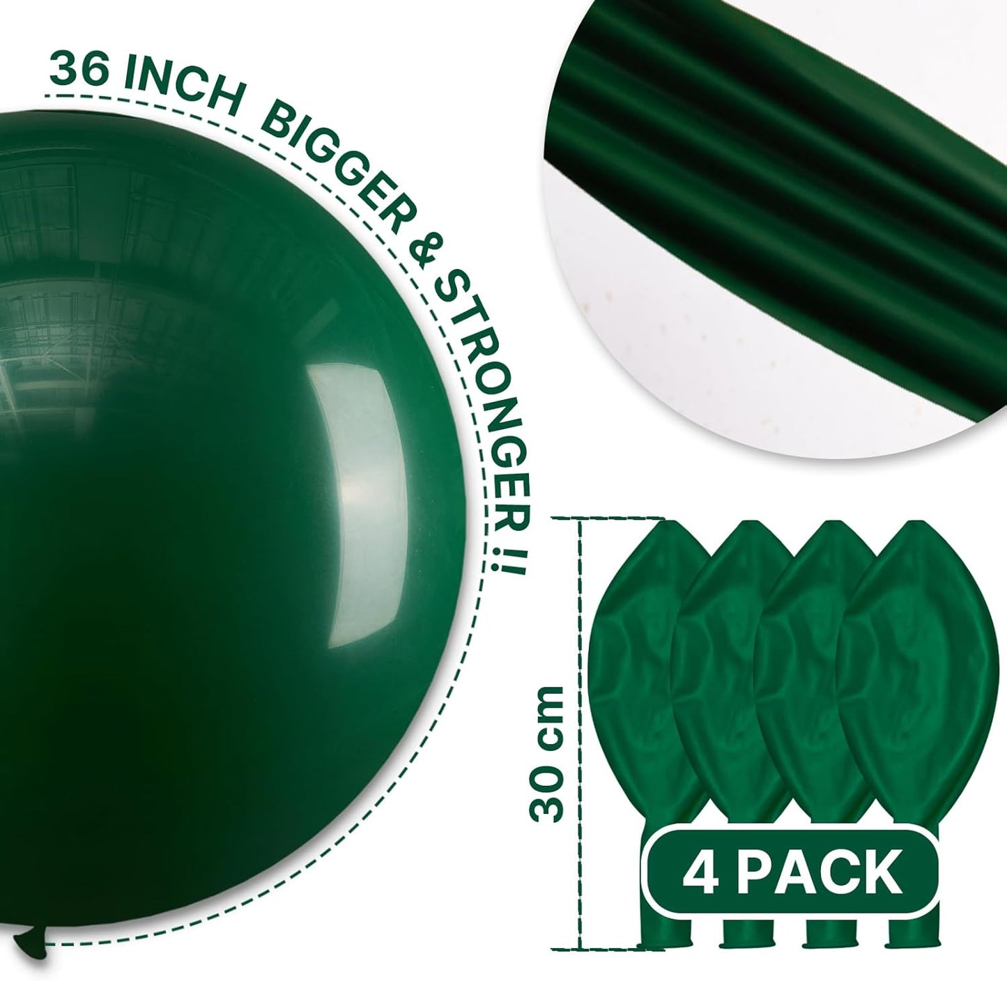 PartyWoo Dark Green Balloons 4pcs 36 Inch Emerald Hunter Forest Green Balloons for Wedding Boy Baby Shower Birthday Christmas Graduation Dinosaur Jungle Golf Theme Party Decorations Green-Y56